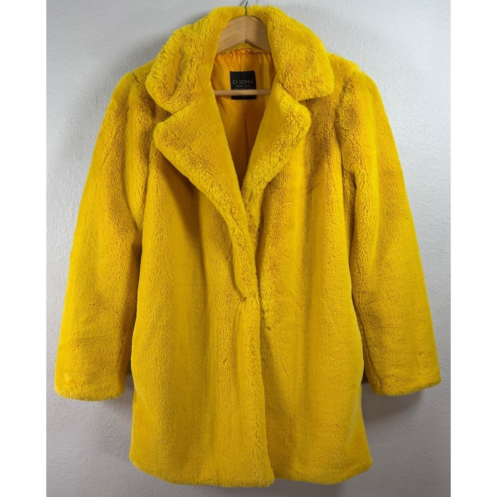 Ci Sono Womens Mustard Yellow Faux Fur Coat Size M Plush Statement Jacket
